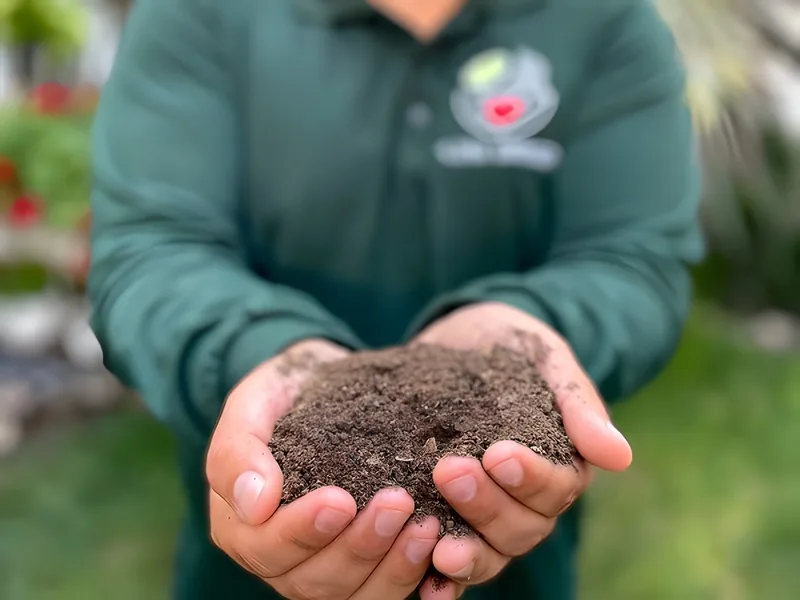 Mano sosteniendo compost maduro, oscuro y suelto